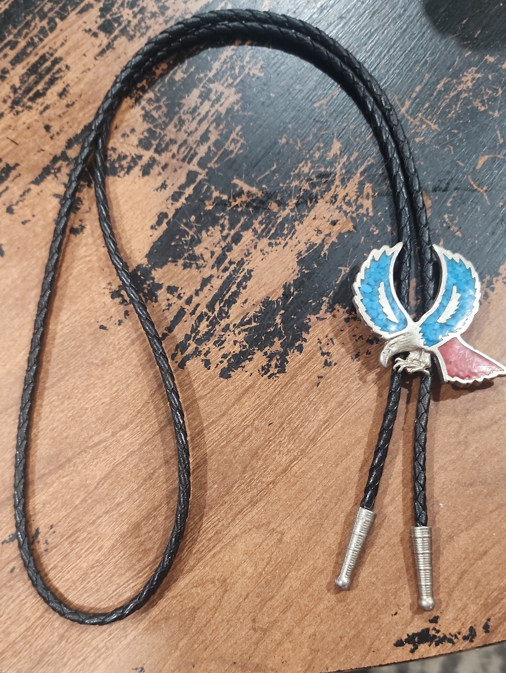 Vintage Southwestern Eagle Bolo Tie – Turquoise & Coral Inlay